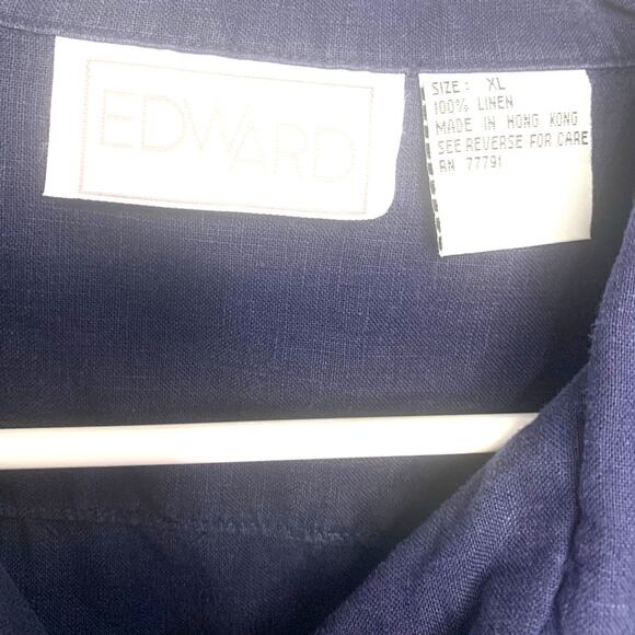 Edward Linen Button Up Vintage Top XL Navy Blue Short Sleeves 100%  Linen Office - Picture 3 of 6